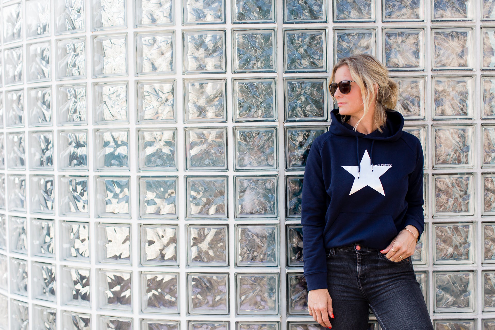 Wear the Stars Women's navy organic cotton hoodie with silver foil star