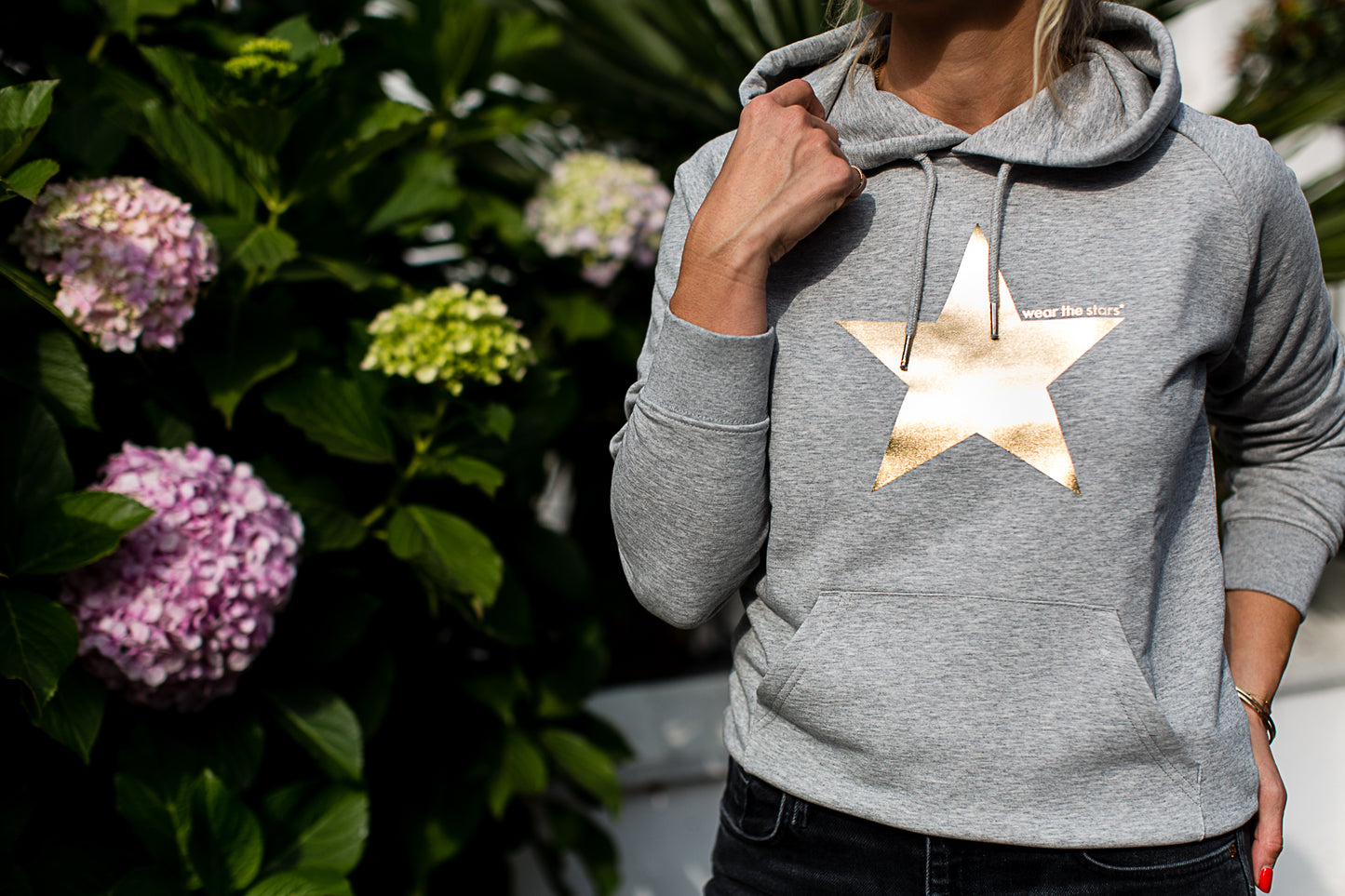 Wear the Stars women's marl grey organic cotton hoodie with gold foil star