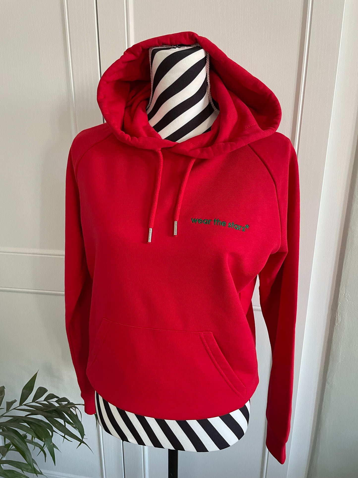 Meet Our Bright Red Hoodie with Forest Green Wear the Stars logo