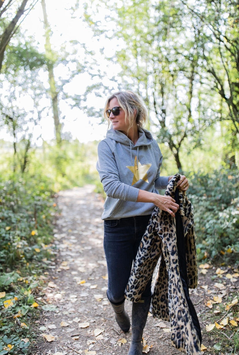 Wear the Stars women's marl grey organic cotton hoodie with gold foil star