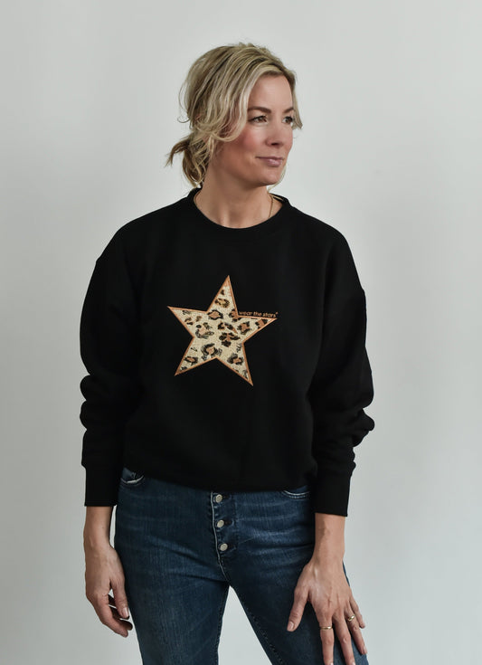 Black sweatshirt with leopard embroidered star